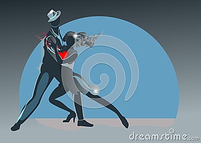 Silhouettes of a beautiful romantic couple in passionate Latin American dances with a heart. Vector Illustration